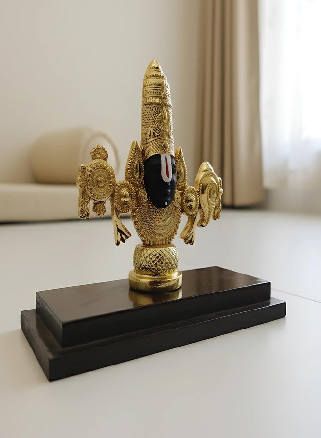 Dev Aastha 24K Gold Plated Lord Venkateswara Swamy Idol | Auspicious Tirupati Balaji Murti for Home Temple Decor | Sacred Pooja Room Statue with Wooden Base & Black Face | Spiritual Showpiece. - Image 5